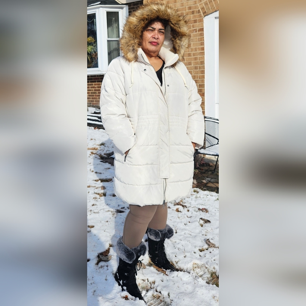 Lane Bryant Cream Puffer Coat with Faux Fur Hood
